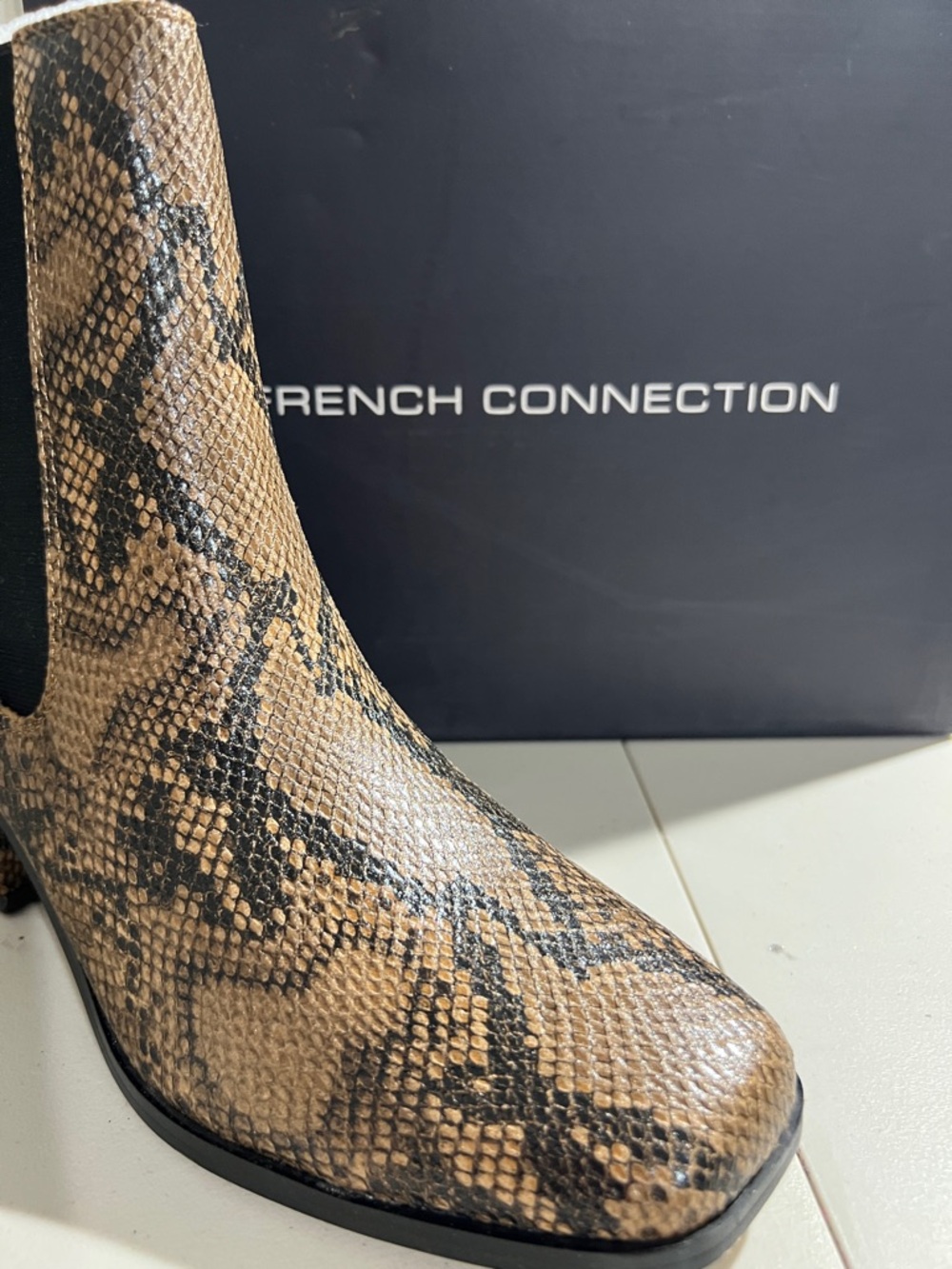 French Connection Tan and Black Snake-Print Chelsea Boot